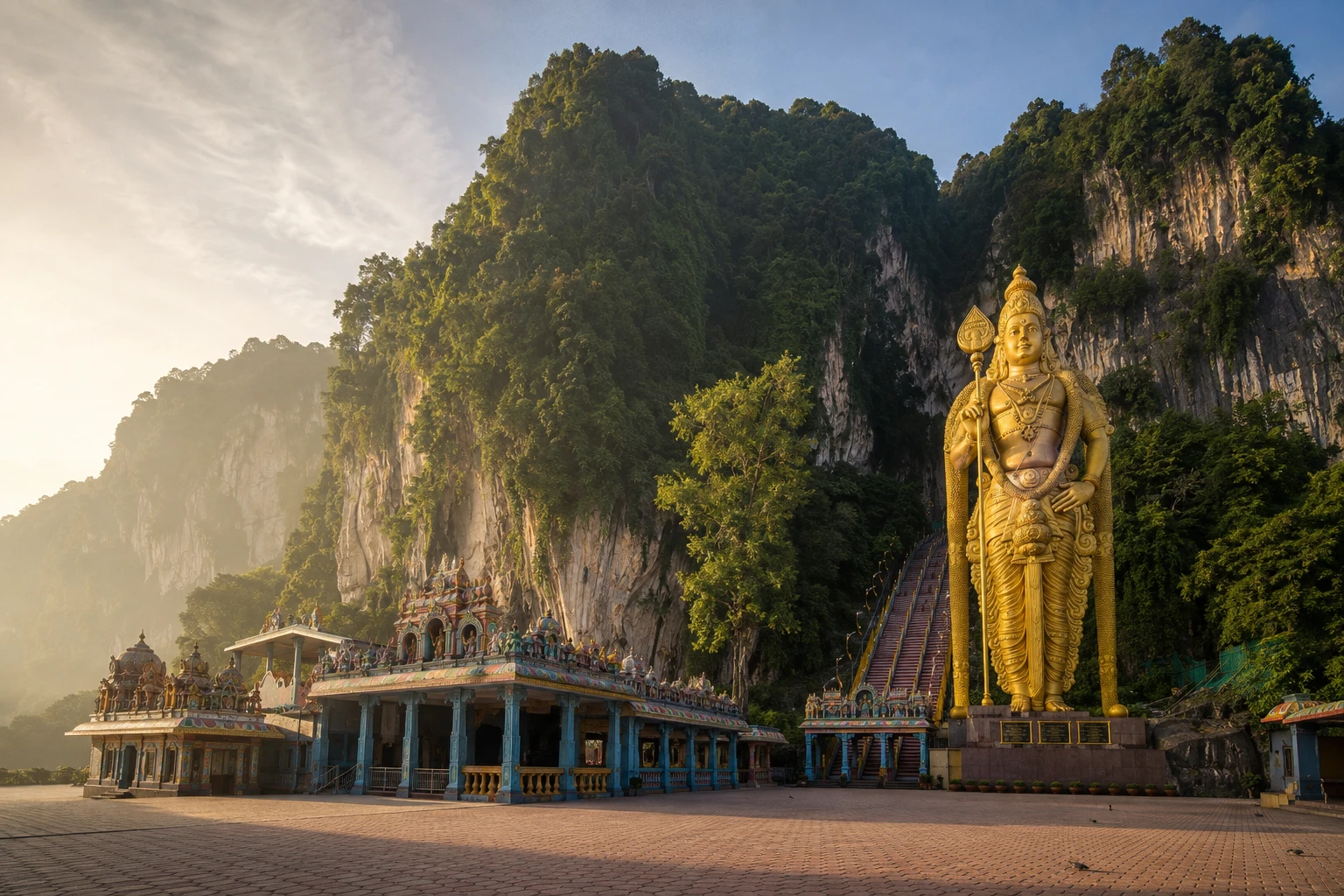 Batu Caves limestone cliffs, Lord Murugan statue and colourful temple staircase in early morning light
